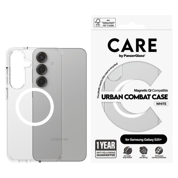 Maska Urban Combat s bijelim QI za Samsung Galaxy S25+, Prozirna, PanzerGlass