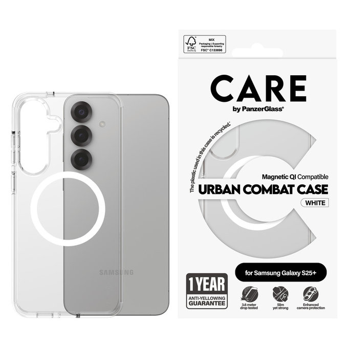 Maska Urban Combat s bijelim QI za Samsung Galaxy S25+, Prozirna, PanzerGlass
