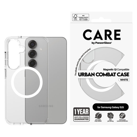 Maska Urban Combat s bijelim QI za Samsung Galaxy S25, Prozirna, PanzerGlass