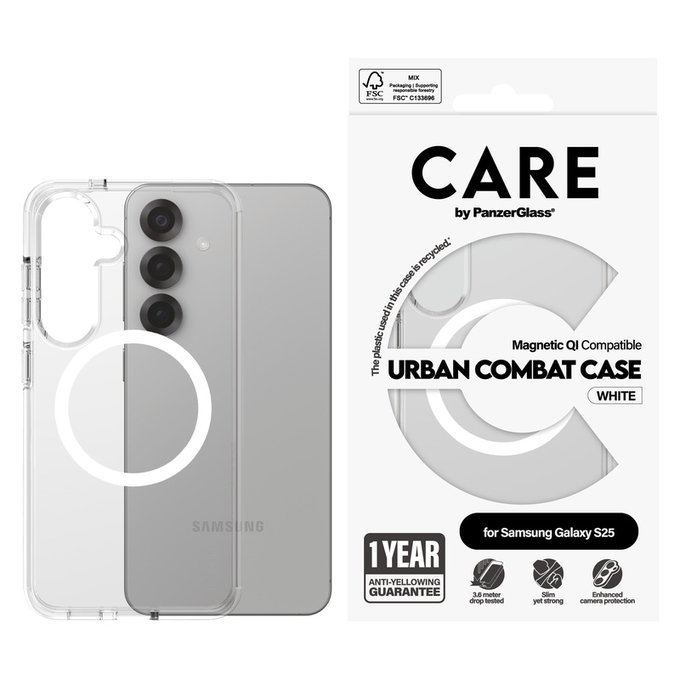 Maska Urban Combat s bijelim QI za Samsung Galaxy S25, Prozirna, PanzerGlass