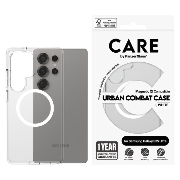 Maska Urban Combat s bijelim QI za Samsung Galaxy S25 Ultra, Prozirna, PanzerGlass