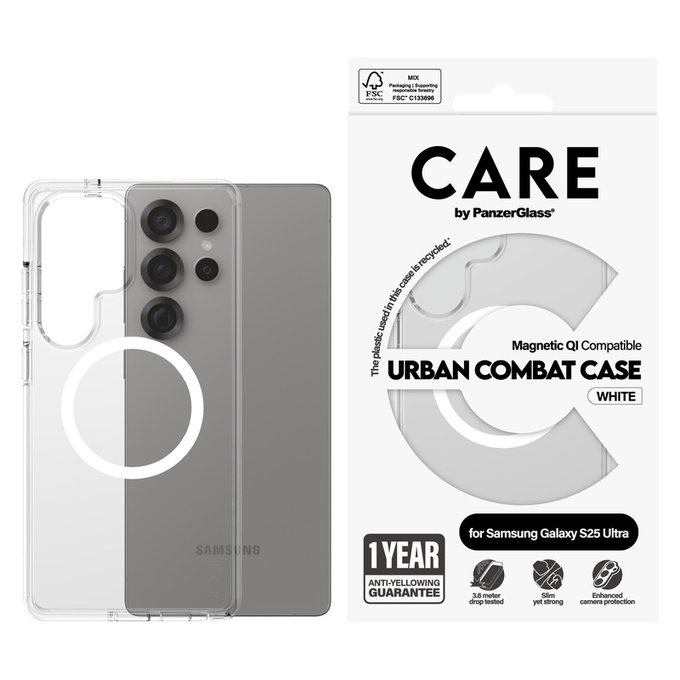 Maska Urban Combat s bijelim QI za Samsung Galaxy S25 Ultra, Prozirna, PanzerGlass