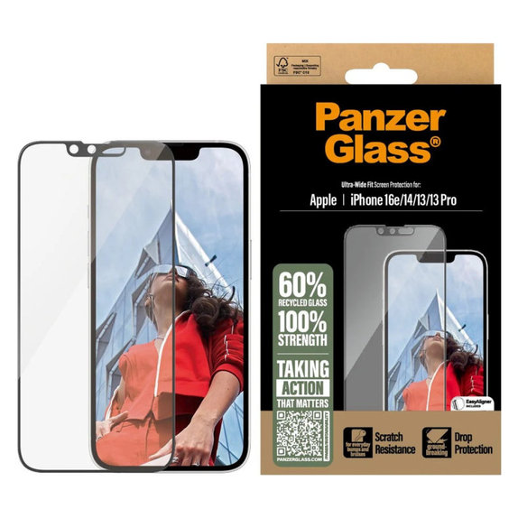 UWF kaljeno staklo s aplikatorom za iPhone 17e/16e/14/13/13 Pro, Crna, PanzerGlass