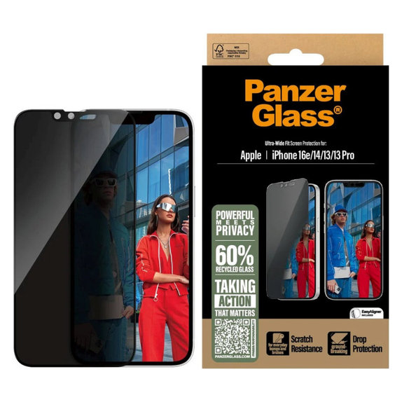 UWF Privacy kaljeno staklo s aplikatorom za iPhone 17e/16e/14/13/13 Pro, Crna, PanzerGlass