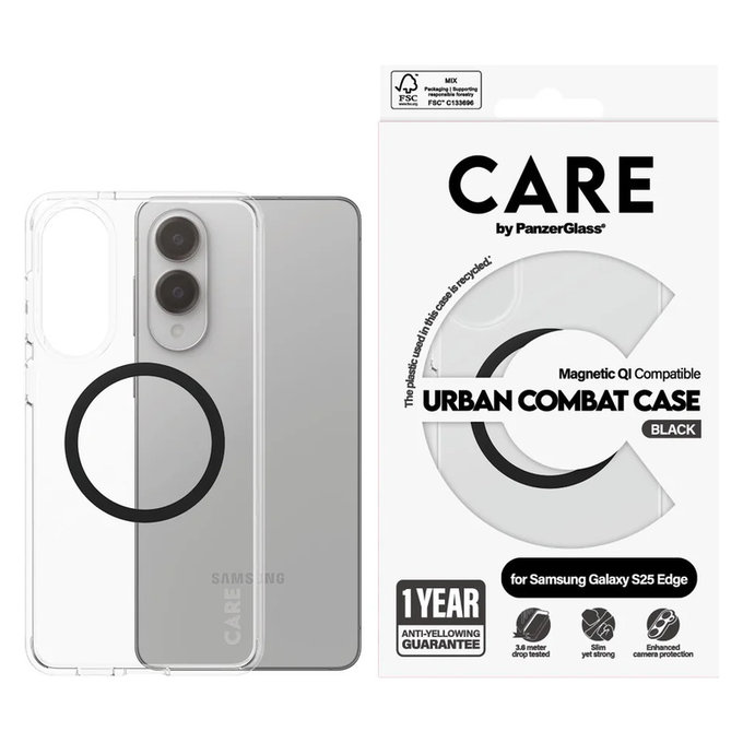Maska Urban Combat s crnim QI za Samsung Galaxy S25 Edge, Prozirna, PanzerGlass