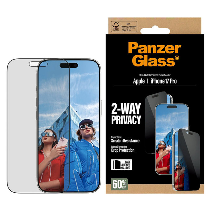 UWF 2-Way Privacy kaljeno staklo s aplikatorom za iPhone 17 Pro, Crna, PanzerGlass