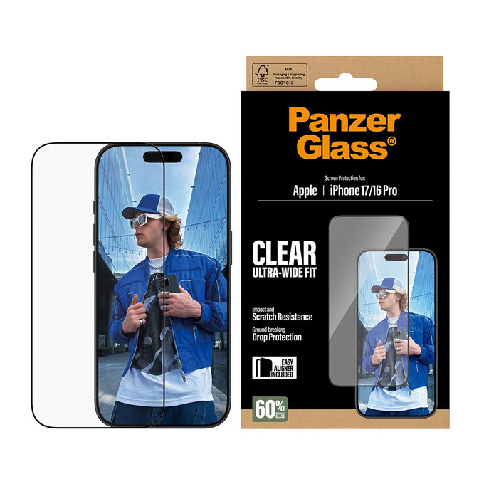 UWF kaljeno staklo s aplikatorom za iPhone 17/16 Pro, Crna, PanzerGlass