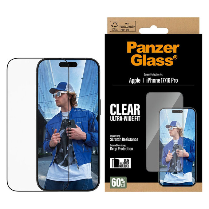 UWF kaljeno staklo s aplikatorom za iPhone 17/16 Pro, Crna, PanzerGlass