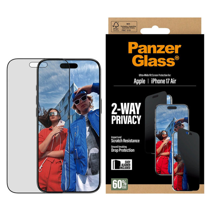 Kaljeno staklo UWF 2-Way Privacy s aplikatorom za iPhone 17 Air, Crna, PanzerGlass