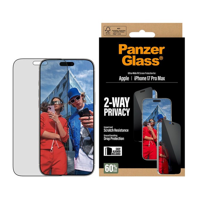 UWF 2-Way Privacy kaljeno staklo s Fastfit za iPhone 17 Pro Max, Crna, PanzerGlass