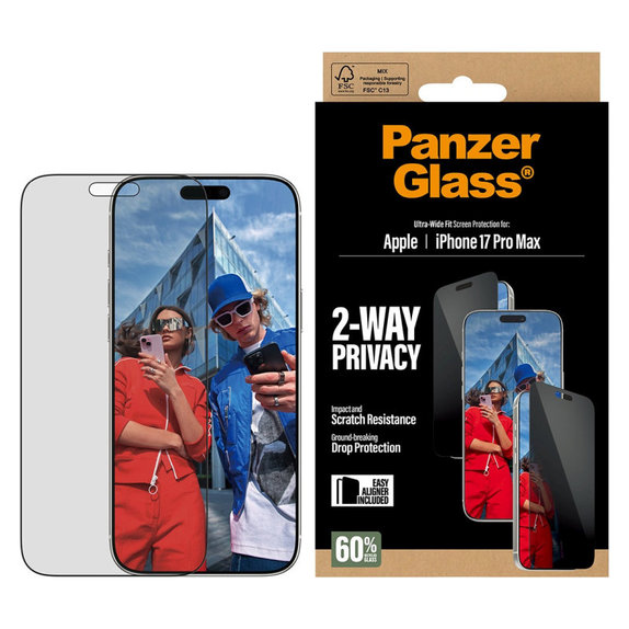 UWF 2-Way Privacy kaljeno staklo s Fastfit za iPhone 17 Pro Max, Crna, PanzerGlass