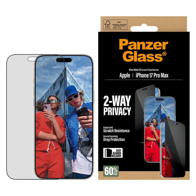 UWF 2-Way Privacy kaljeno staklo s Fastfit za iPhone 17 Pro Max, Crna, PanzerGlass