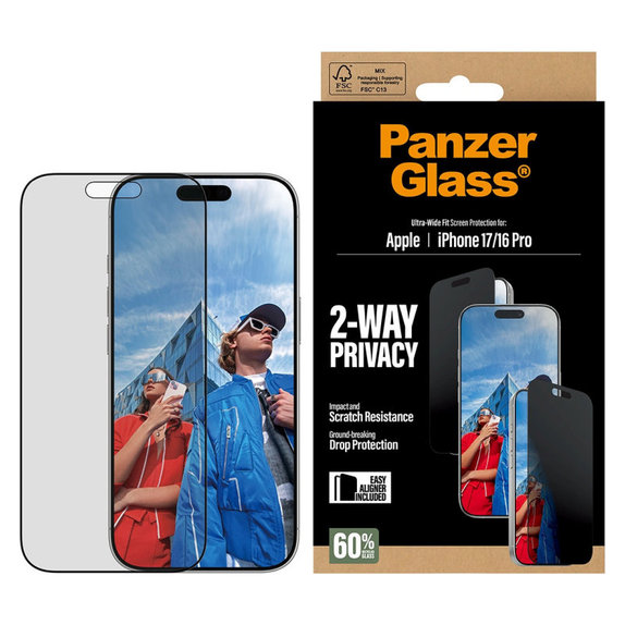 UWF 2-Way Privacy kaljeno staklo s Fastfit za iPhone 17/16 Pro, Crna, PanzerGlass