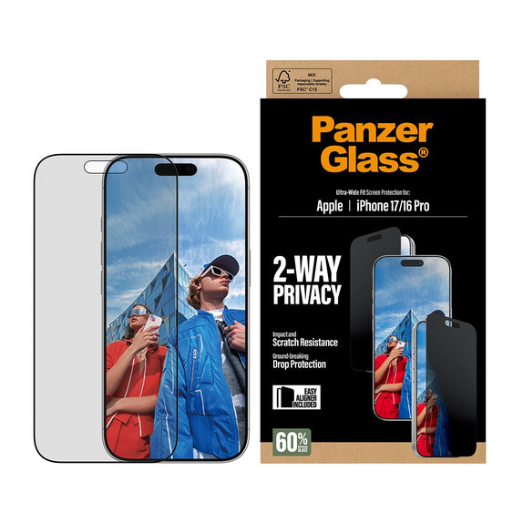 UWF 2-Way Privacy kaljeno staklo s Fastfit za iPhone 17/16 Pro, Crna, PanzerGlass