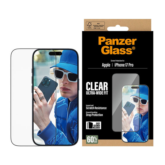 UWF kaljeno staklo s aplikatorom za iPhone 17 Pro, Crna, PanzerGlass
