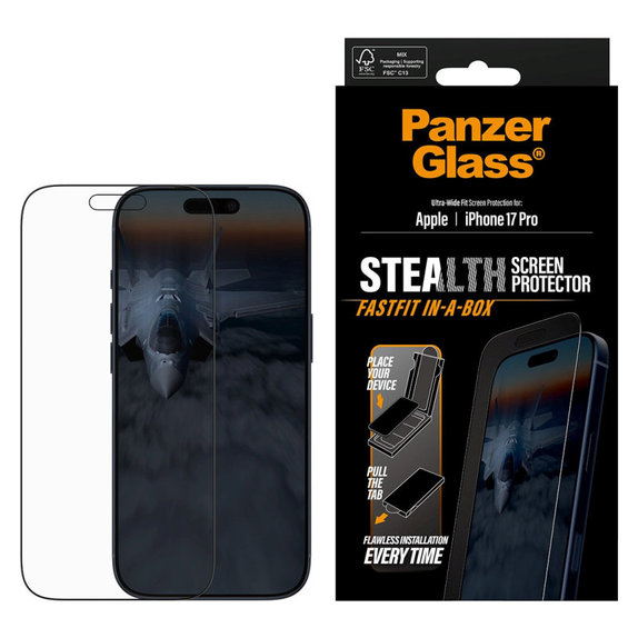 Kaljeno staklo UWF Stealth s Fastfit za iPhone 17 Pro, Crna, PanzerGlass