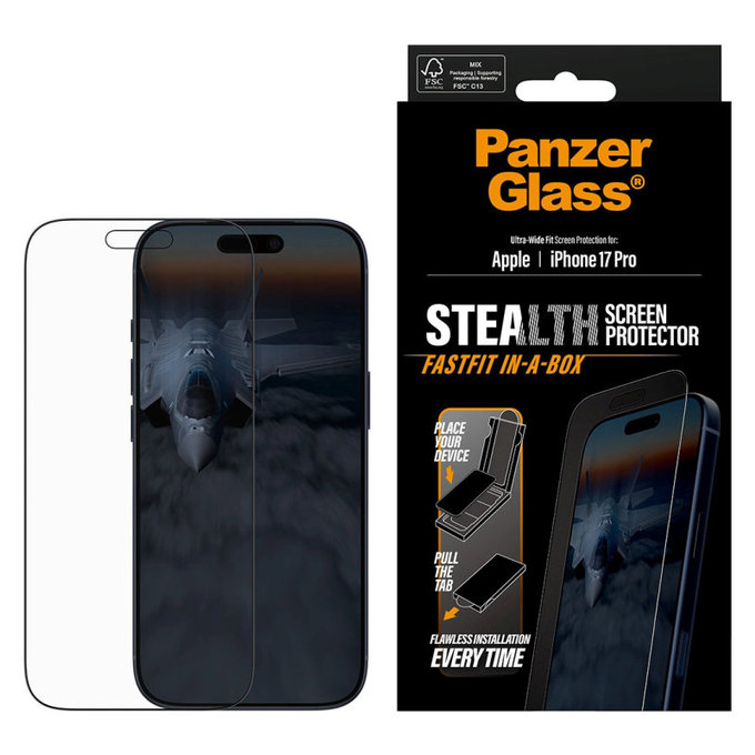 Kaljeno staklo UWF Stealth s Fastfit za iPhone 17 Pro, Crna, PanzerGlass