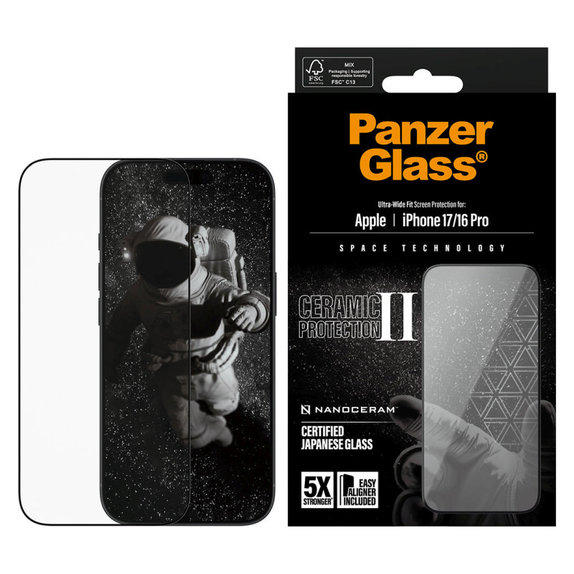 UWF Ceramic II kaljeno staklo s Fastfit za iPhone 17/16 Pro, Crna, PanzerGlass