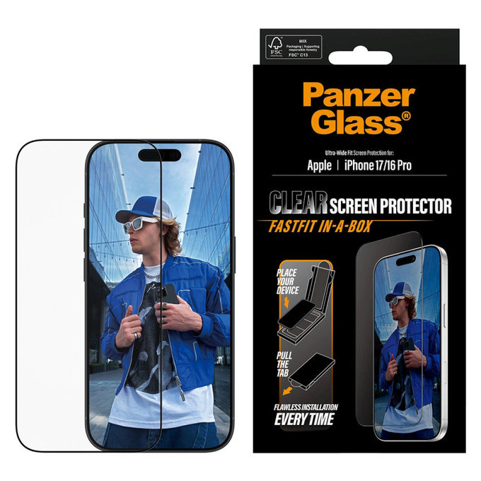 UWF kaljeno staklo s Fastfit za iPhone 17/16 Pro, Crna, PanzerGlass