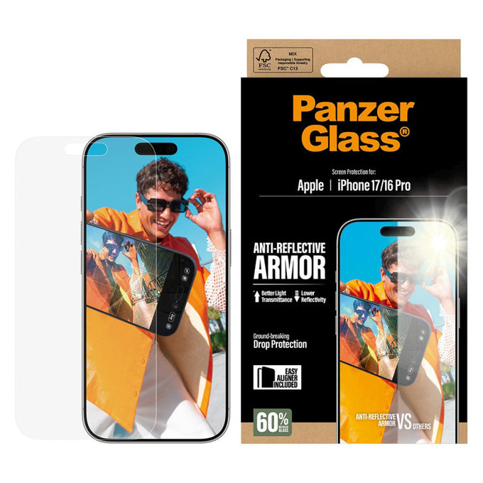 Kaljeno staklo Anti-Reflective s aplikatorom za iPhone 17/16 Pro, Crna, PanzerGlass