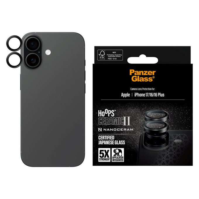Zaštita objektiva kamere Hoops Ceramic II za iPhone 17/16 Plus/16, Crna, PanzerGlass