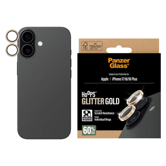 Zaštita objektiva kamere Hoops za iPhone 17/16 Plus/16, Glitter Gold, PanzerGlass