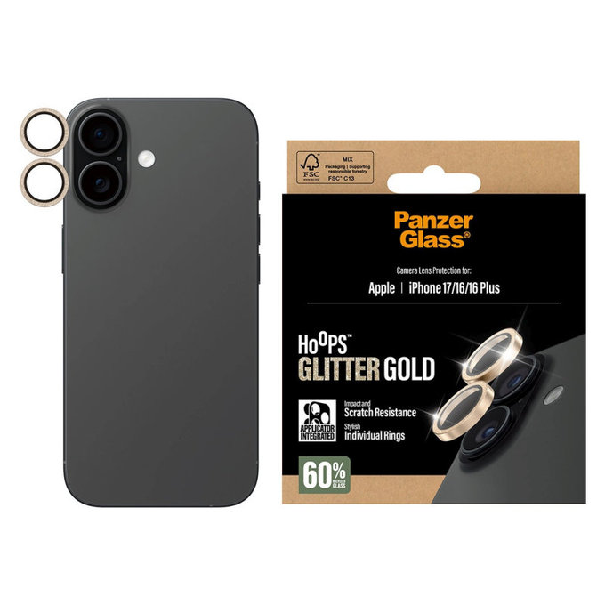 Zaštita objektiva kamere Hoops za iPhone 17/16 Plus/16, Glitter Gold, PanzerGlass