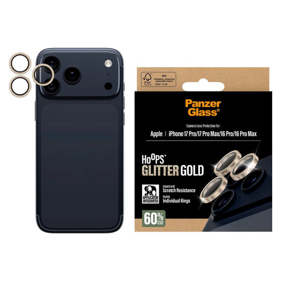 Zaštita objektiva kamere Hoops za iPhone 17 Pro Max/17 Pro/16 Pro Max/16 Pro, Glitter Gold, PanzerGlass