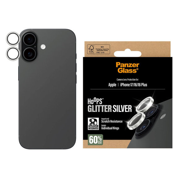 Zaštita objektiva kamere Hoops za iPhone 17/16 Plus/16, Glitter Silver, PanzerGlass