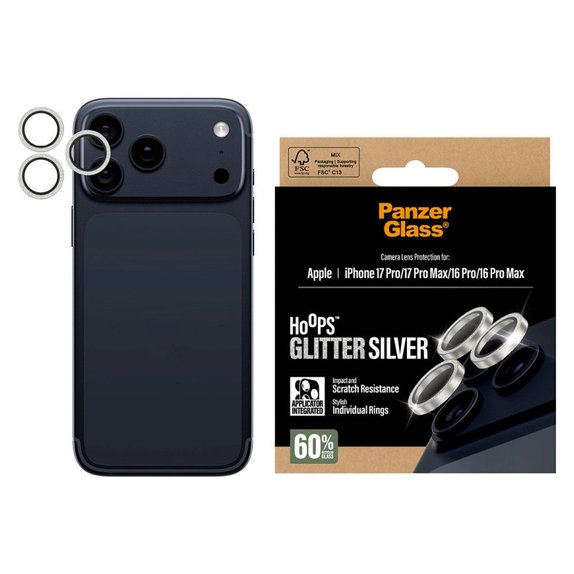 Zaštita objektiva kamere Hoops za iPhone 17 Pro Max/17 Pro/16 Pro Max/16 Pro, Glitter Silver, PanzerGlass
