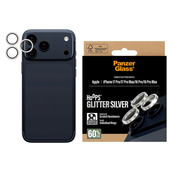 Zaštita objektiva kamere Hoops za iPhone 17 Pro Max/17 Pro/16 Pro Max/16 Pro, Glitter Silver, PanzerGlass