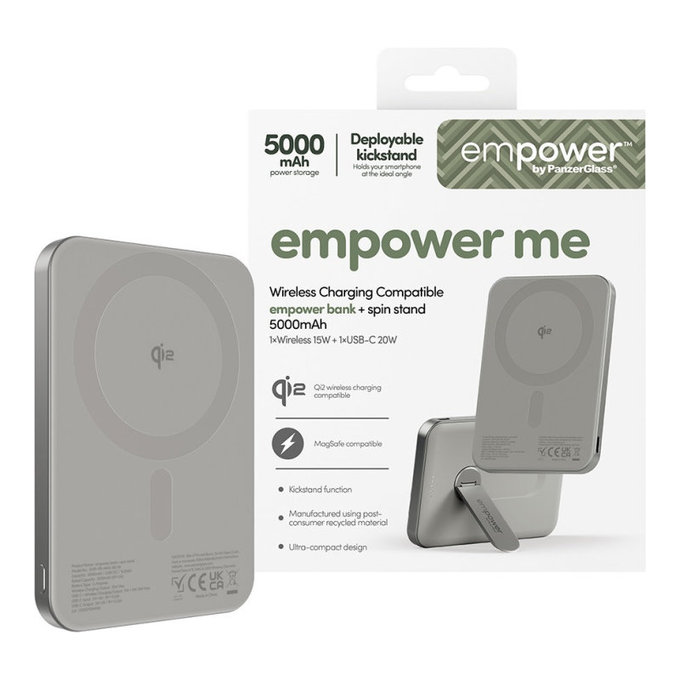 Bežična PowerBank 5000 mAh, s okretnim stalkom 20 W, kompatibilna s MagSafe, Qi2/USB-C, Titan, empower