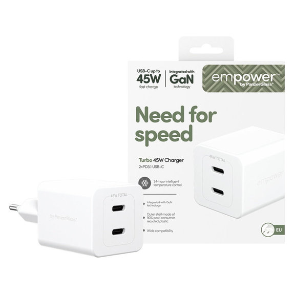 Putni adapter Grand Prix 2x USB-C, GaN, 45 W PD, Srebrno-bijela, empower