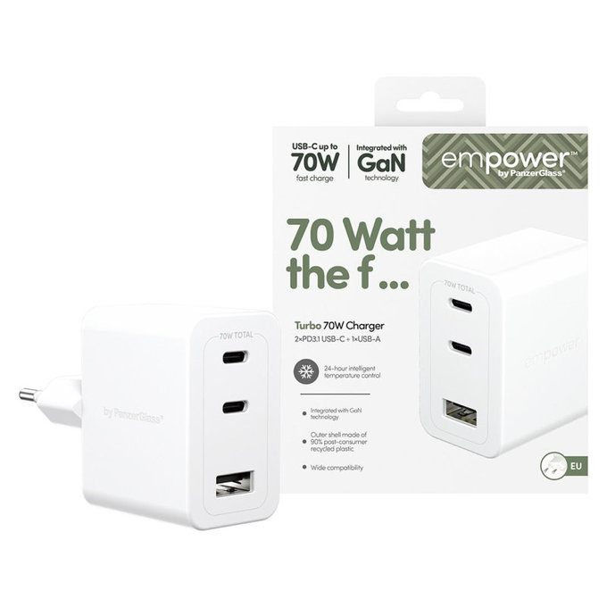 Putni adapter Grand Prix 2x USB-C/USB-A, GaN, 70 W PD, Srebrno-bijela, empower