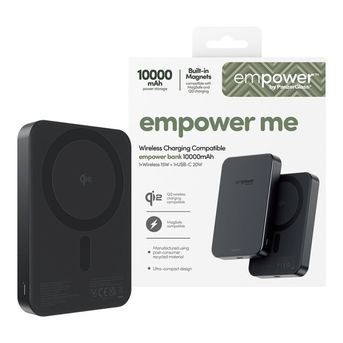 Bežična PowerBank 10000 mAh, 20 W, kompatibilna s MagSafe, Qi2/USB-C, Space Black, empower