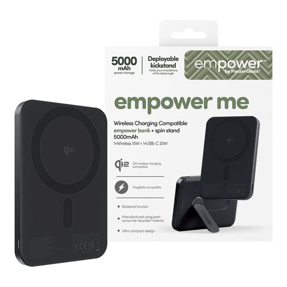 Bežična PowerBank 5000 mAh s rotirajućim postoljem, 20 W, kompatibilna s MagSafe, Qi2/USB-C, Space Black, empower