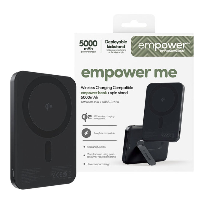 Bežična PowerBank 5000 mAh s rotirajućim postoljem, 20 W, kompatibilna s MagSafe, Qi2/USB-C, Space Black, empower