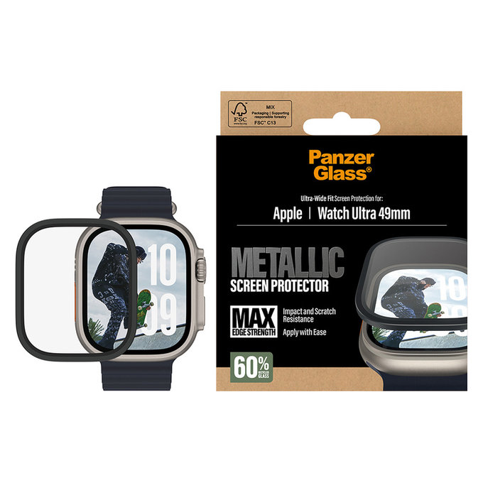 Kaljeno staklo UWF METALLIC za Apple Watch Ultra 49 mm, Crna, PanzerGlass