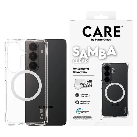 Maska Samba s bijelim QI za Samsung Galaxy S26, Prozirna, PanzerGlass
