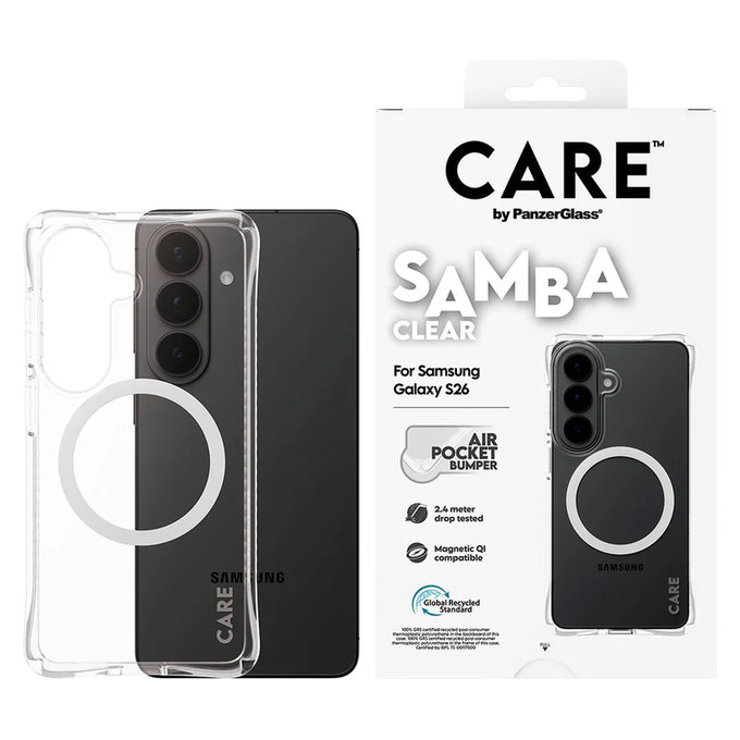 Maska Samba s bijelim QI za Samsung Galaxy S26, Prozirna, PanzerGlass