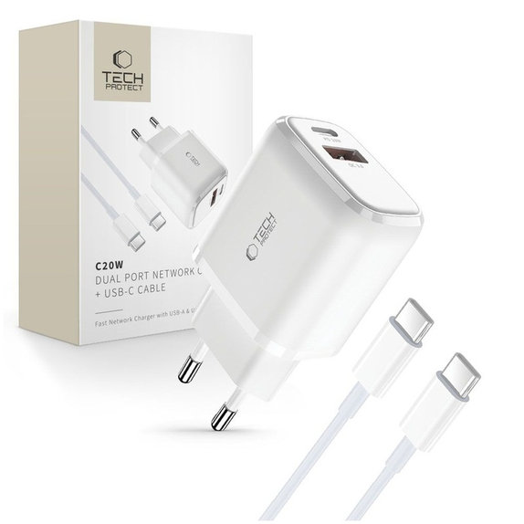 Mrežni punjač C20W 2-PORT PD 20W / QC3.0 + USB-C Cable, bijela, Tech-Protect