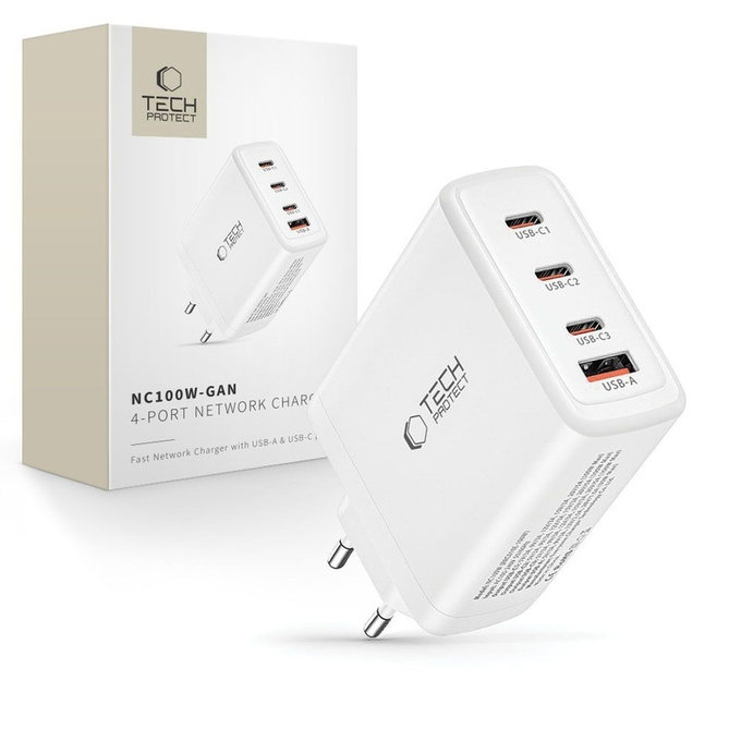 Mrežni punjač NC100W-GAN 4-PORT PD 100W / QC3.0, bijela, Tech-Protect