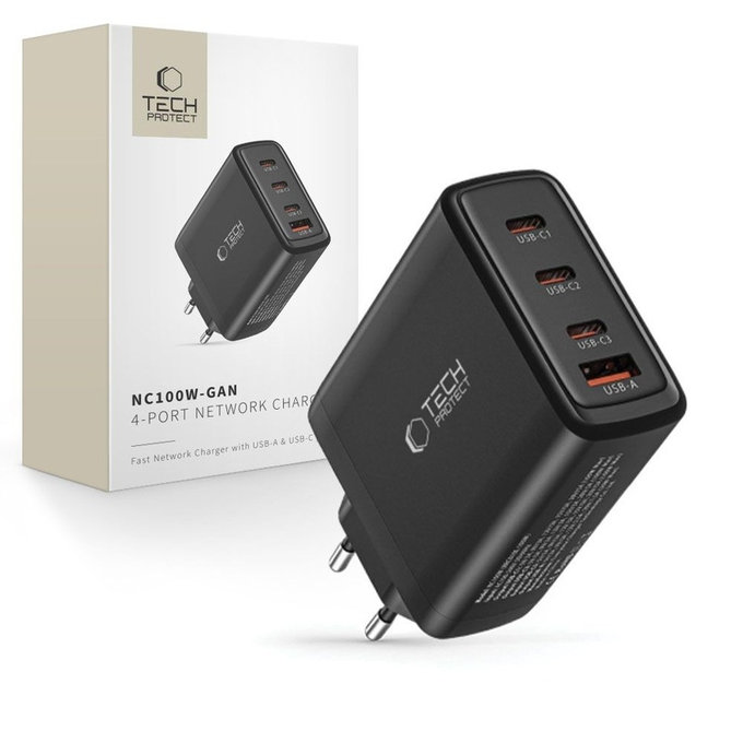 Mrežni punjač NC100W-GAN 4-PORT PD 100W / QC3.0, crna, Tech-Protect
