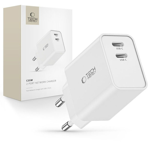 Mrežni punjač C35W 2-PORT PD 35W, bijela, Tech-Protect