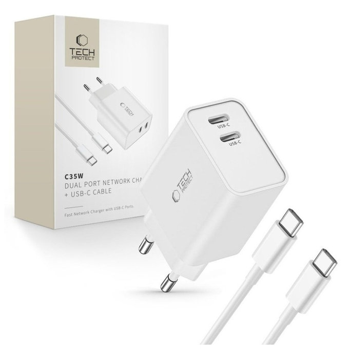 Mrežni punjač C35W 2-PORT PD 35W + USB-C Cable, bijela, Tech-Protect