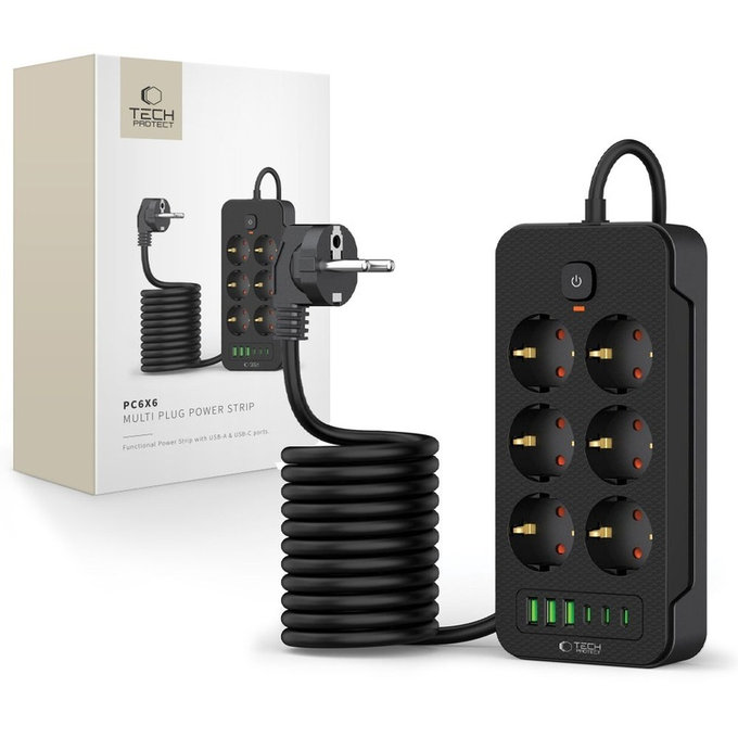 Mrežni punjač PC6X6 Power Strip 3 USB & 3 USB-C & 6 Socket 200cm, crna, Tech-Protect