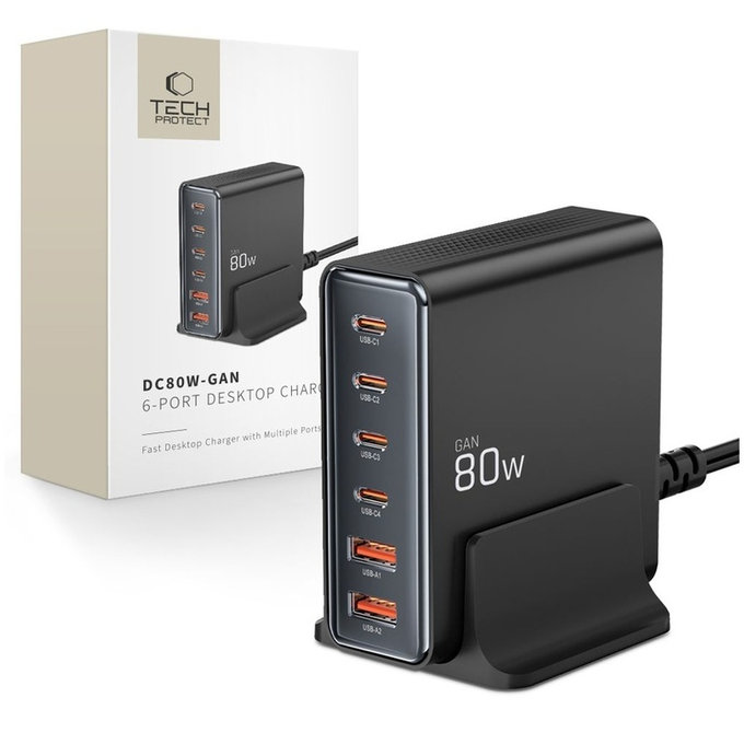 Mrežni punjač DC80W-GAN 6-PORT PD 80W / QC3.0, crna, Tech-Protect