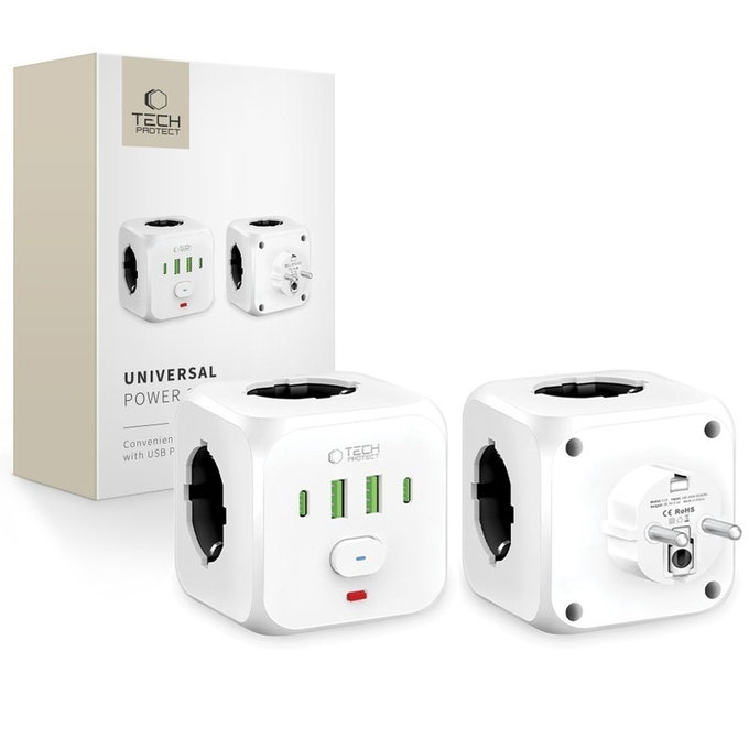 Mrežni punjač PCL3X4 Power Socket 2 USB & 2 USB-C & 3 Socket, bijela, Tech-Protect