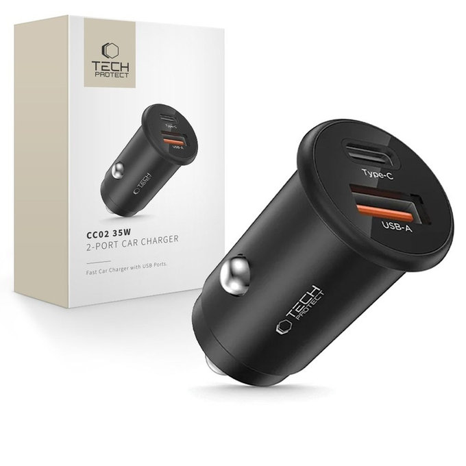 Auto punjač CC02 2-PORT PD 35W / QC3.0, crna, Tech-Protect