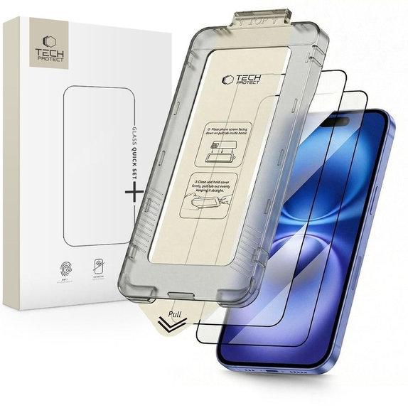 Kaljeno staklo Quick Set+ 2-PACK za iPhone 15 / 16, crna, Tech-Protect